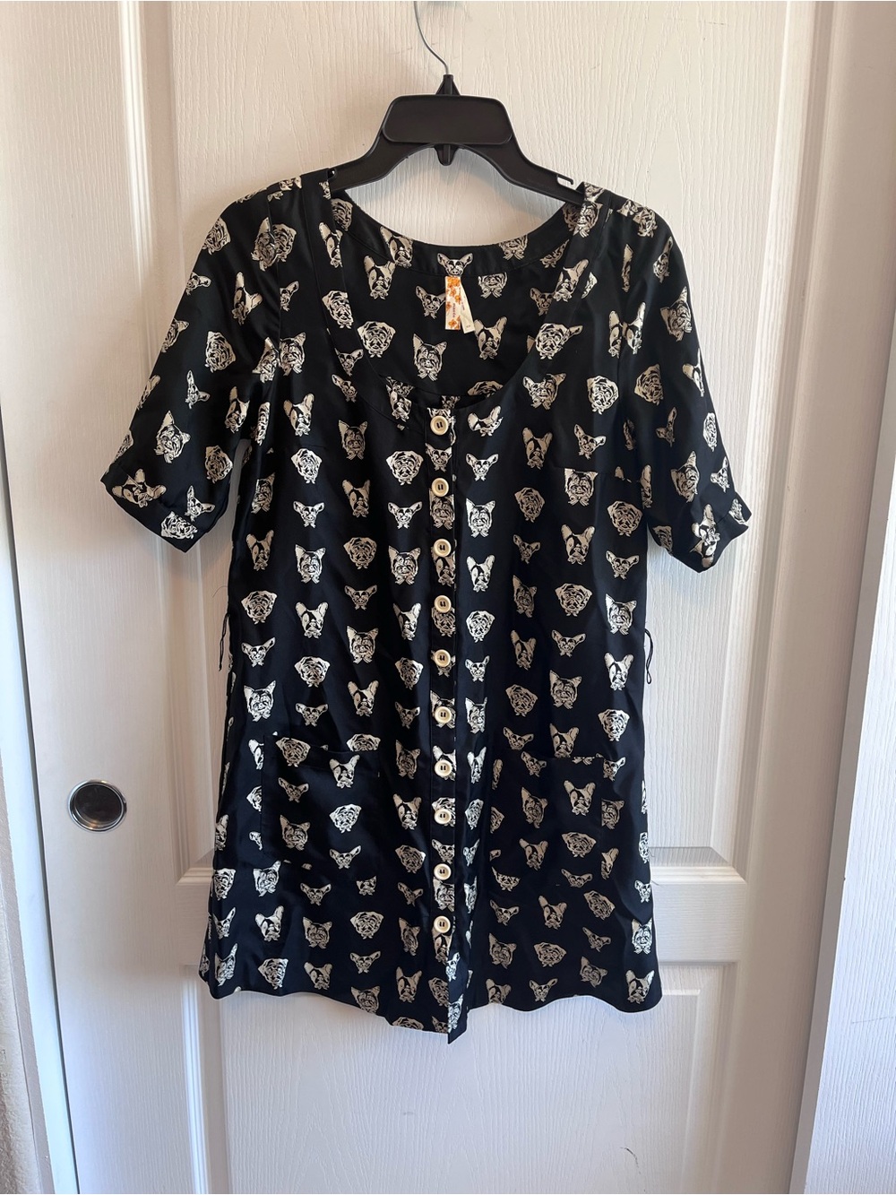 Anthropologie Maeve Cavorting Caines 100% Silk Dog Print Dress Black Cream XS